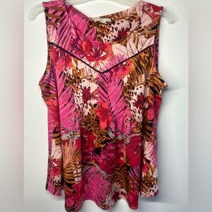 Pink and Brown Sleeveless Tank Top with Tropical Print